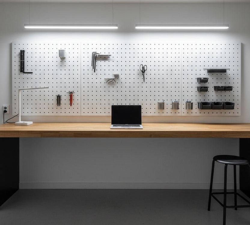 UltraInfra workshop — pegboard tool wall and workbench